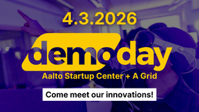 Promotional image for Aalto Startup Center's and A Grid's Demo Day. Picture in the backgorund being a man with VR facing and pointing to the left. In the center of the picture, Demo Day's logo